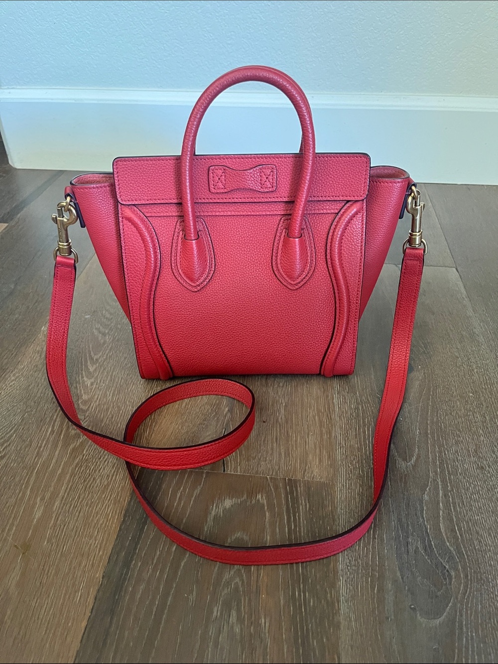 Celine Red Grained Leather Nano Luggage Tote with Shoulder Strap - Picture 2 of 11